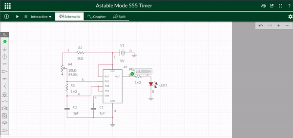 555 Timer in Astable Mode. The circuit uses a potentiometer to change the pulse width or the duty cycle of the output signal. We can see the LED pulsing in the output.The circuit on Multisim can be found here