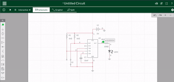 555 Timer in Bistable Mode. The circuit uses a SPDT switch to connect either pin TRIG or RESET to GND. This accordingly turn the LED on or off.The circuit on Multisim can be found here