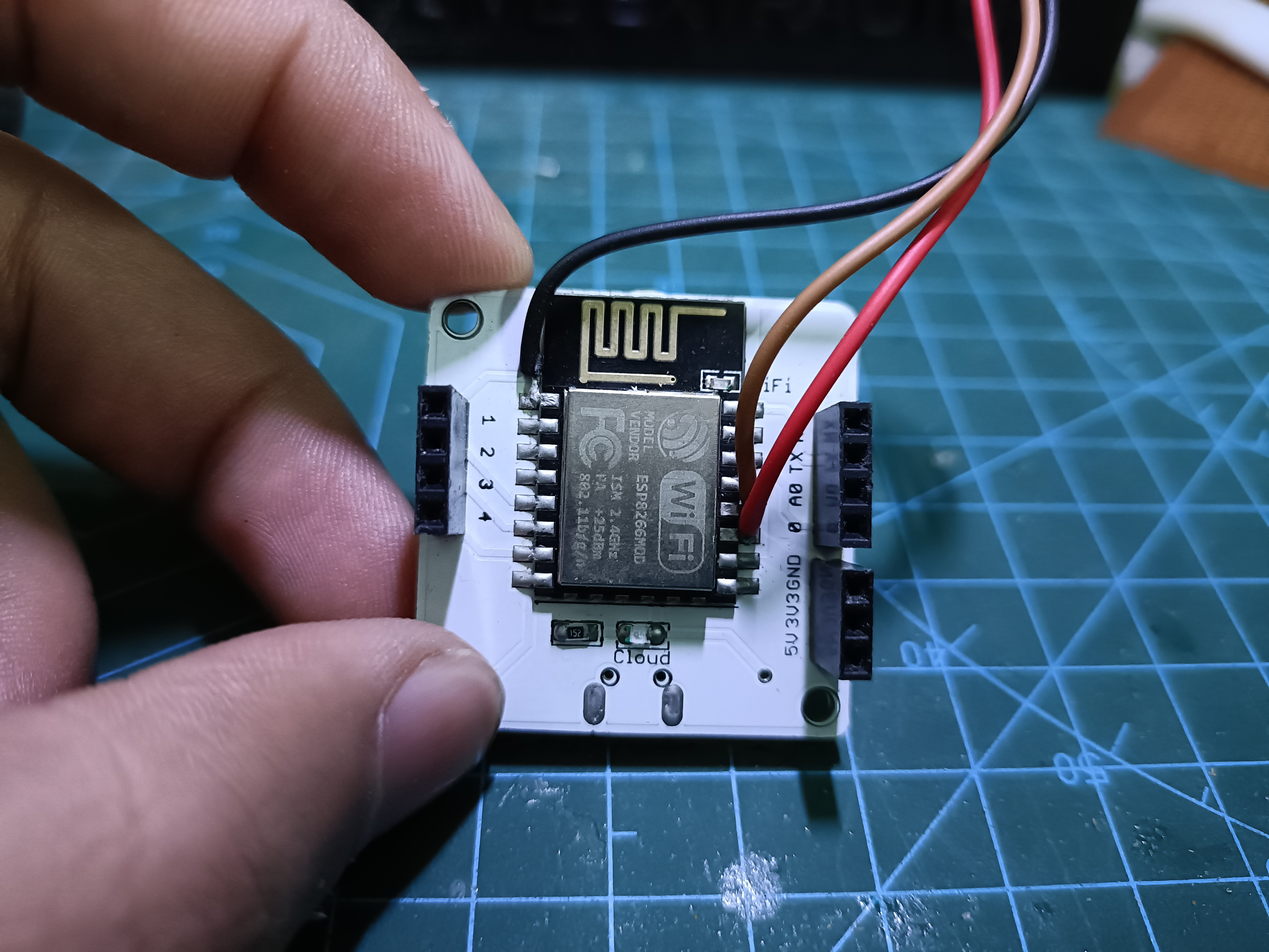 The Bolt IOT wifi module with the wires soldered on required GPIOs